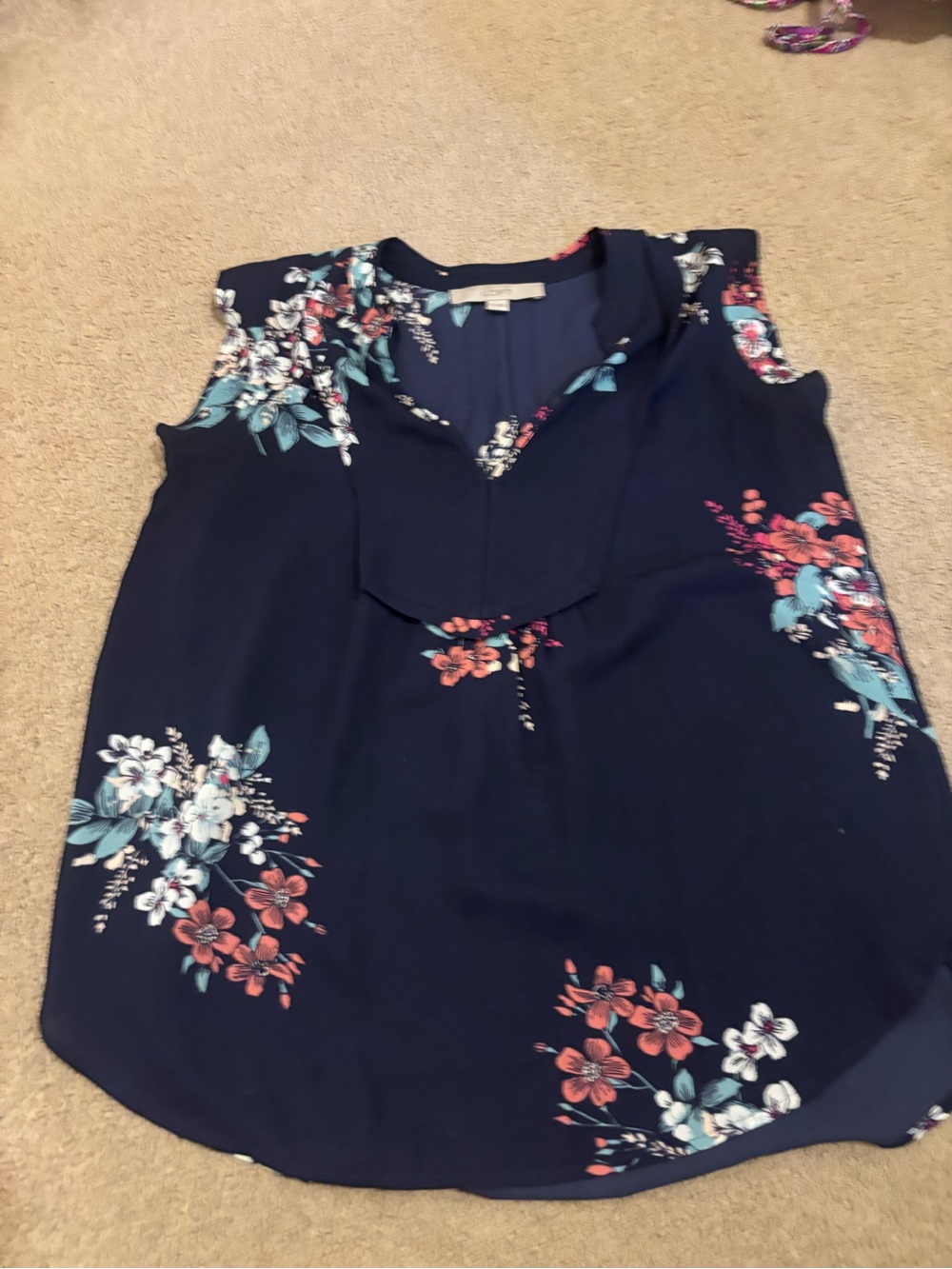 LOFT Navy Floral Sleeveless V-Neck Blouse